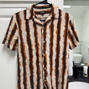 Express Men's Casual Shirt with Brown and Tan Stripes